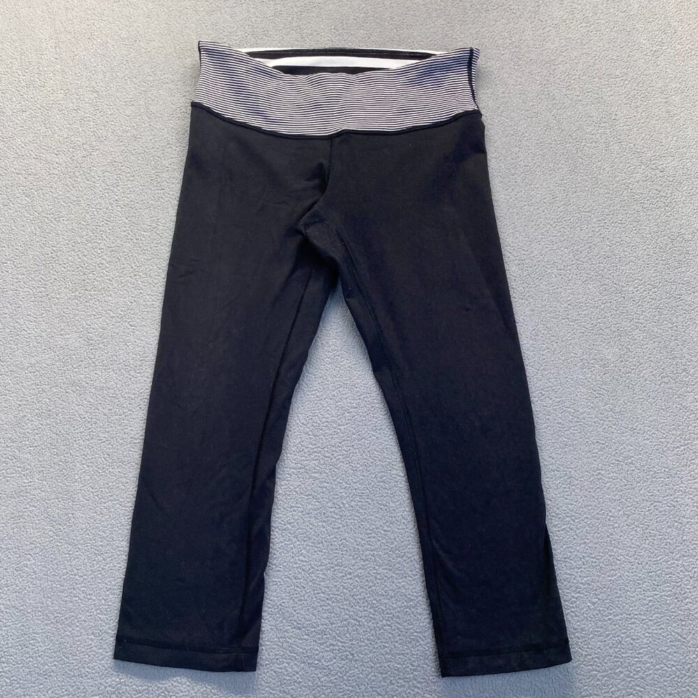 Lululemon Wunder Under Crop Black White Leggings Striped Waist Size 8 Parallel